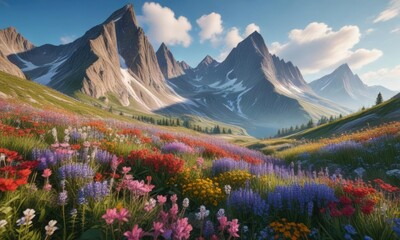 Obraz premium Mountains looming large amidst a sea of colorful wildflowers , natural scenery, flower filled valley