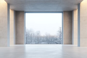 Obraz premium Modern interior with large window and snowy view