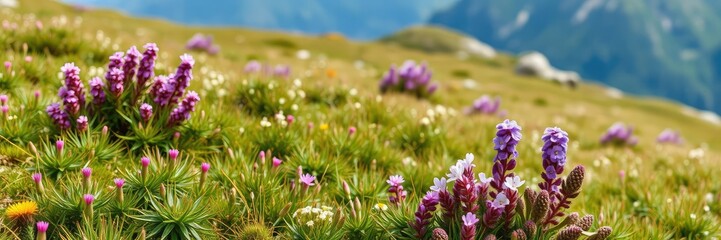 Obraz premium Mountain meadow with blooming heather and gentians, alpine, gentian