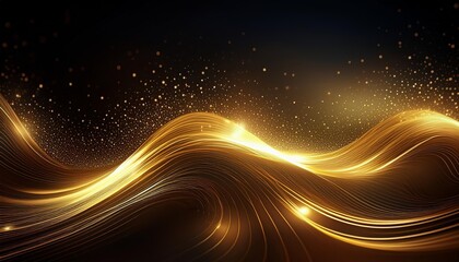 dynamic gold light streaks forming a wave pattern against a dark background, sparkling particles resembling stars
