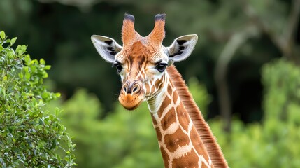 Obraz premium Young giraffe portrait, African savanna, lush foliage background, wildlife photography