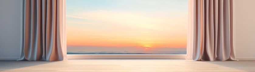 Naklejka premium Modern interior with sunset view through window.