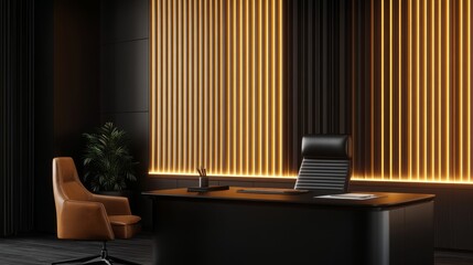 Modern office interior featuring sleek furniture, ambient lighting, and a minimalist design