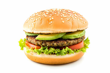 Side view of vegan hamburger with plant-based patty, fresh avocado slices, crisp lettuce, and gluten-free bun, perfectly isolated on bright white background for clean, modern food presentation