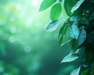 Obraz premium Lush green leaves, dew drops, forest bokeh background, nature design