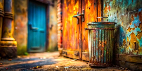 Tilt-Shift Photo: Garbage Can Behind Metal Door - Urban Decay Detail