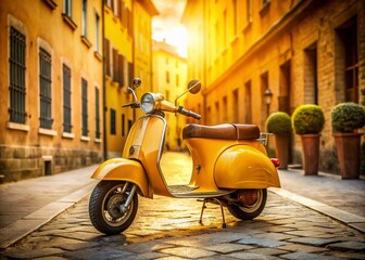 Vintage Yellow Italian scooter on City Sidewalk - Retro Post Office Delivery © Man888
