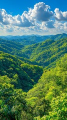 Fototapeta premium Lush green mountain valley landscape under a vibrant sky, perfect for travel brochures