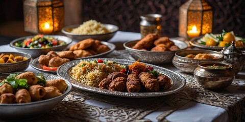 Delicious spread of traditional Middle Eastern cuisine displayed elegantly on a festive table