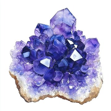 Watercolor purple crystal amethyst cluster hand drawn painting illustration isolated on white background tanzanit gem stones for design fashion advertising