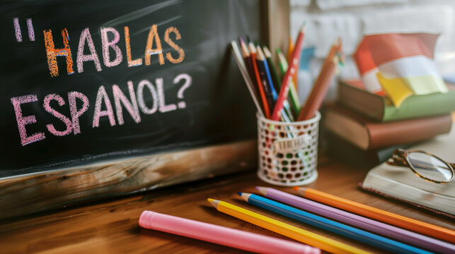 Chalkboard with the words "Hablas espanol?" written on it . A pencil holder with a variety of colored pencils sits on a desk next to the chalkboard