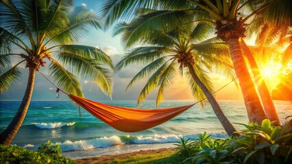 Tranquil Orange Hammock Paradise: Tropical Ocean View with Bokeh