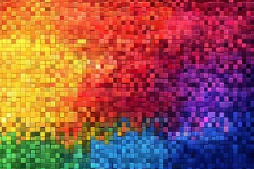 Digital pixel art background featuring a vibrant rainbow gradient