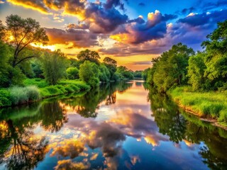 Obraz premium Tranquil River at Dusk: Lush Greenery & Sky Reflection - Low Light Scenic Stock Photo