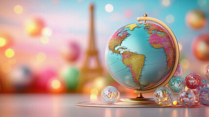 Globetrotting Dreams: A vintage globe sits amidst a whimsical arrangement of festive ornaments and a miniature Eiffel Tower, beckoning wanderlust and dreams of exploration.