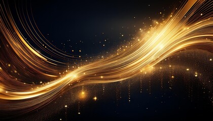 dynamic gold light streaks forming a wave pattern against a dark background, sparkling particles resembling stars