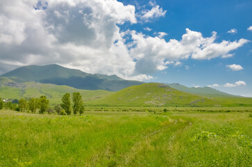 scenic view of Urut viilage and Kotratssar and Metssar mountains of Lesser Caucasus (Lori province,...