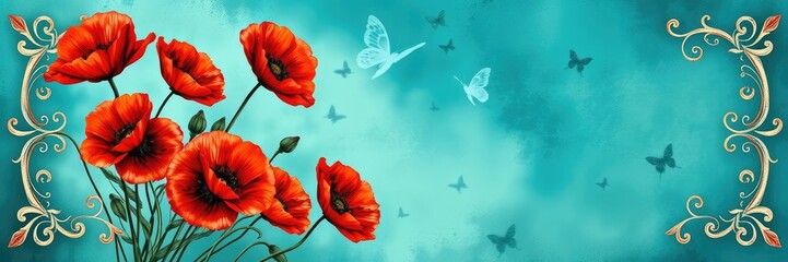 Ornate floral frame featuring red poppies against a backdrop of butterfly blue and green hues in a grunge inspired color palette, soft pastels, grunge background, red poppies