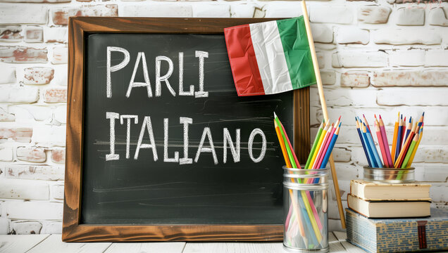 Chalkboard with the word "Parli Italiano" written on it. A flag is also on the board. There are several pencils and a jar of pencils on the table