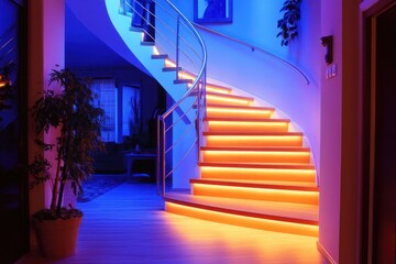 Modern Home Interior with Stylish Spiral Staircase and Colorful Ambient Lighting Effects