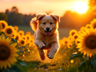"Joyful Golden Retriever Puppy Running Through a Sunlit Sunflower Field"