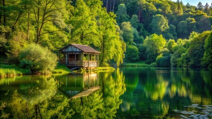 Fototapeta premium Overgrown with green foliage a abandoned summer house stands on a hillside overlooking a sparkling lake and lush forest, abandoned, nature, hillslope