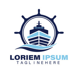 A blue and white logo for a ship on a white background
