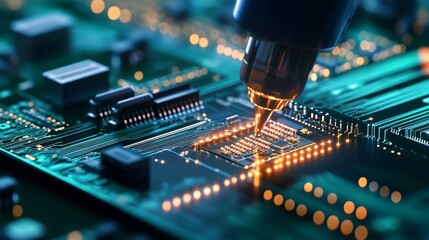 Close-up of a precision soldering process on a circuit board, highlighting intricate electronic components