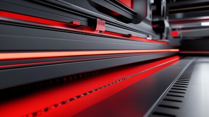 Futuristic industrial interior showcasing sleek lines and glowing red accents in a modern workspace