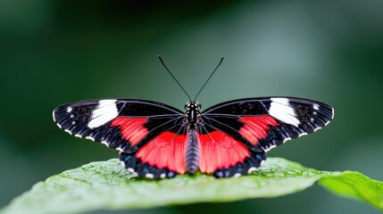 Fototapeta premium Red & black butterfly on leaf, jungle background, nature photography