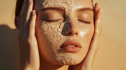 Woman touching her dry skin experiencing dehydration and cracked face