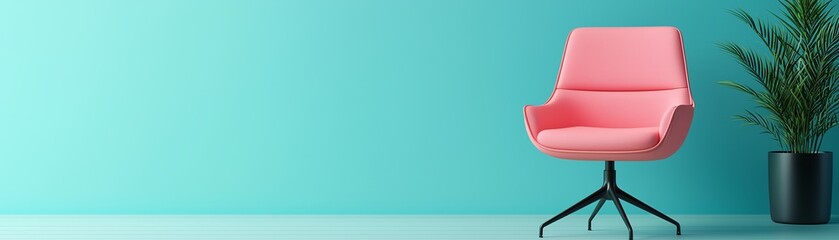 Modern pink chair against a blue wall.