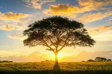 Fototapeta premium Silhouette of tree against vibrant evening sky.