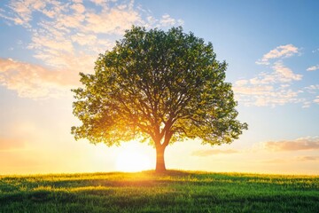 Obraz premium Silhouette of tree against vibrant evening sky.