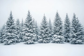 Naklejka premium Snow-covered pine trees in serene winter forest.