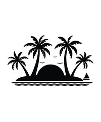 Tropical island silhouette with palm trees, birds, and a sailing boat on calm ocean waves. Perfect for travel, vacation, and beach-themed designs.
