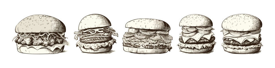 Hand draw set with burger. Vector illustration. Fast food.