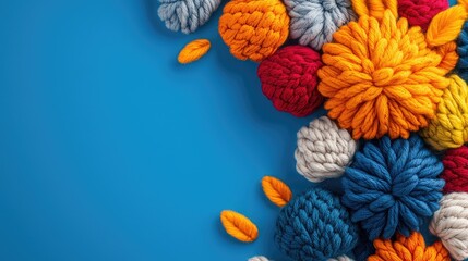 Colorful yarn balls on blue background; craft design