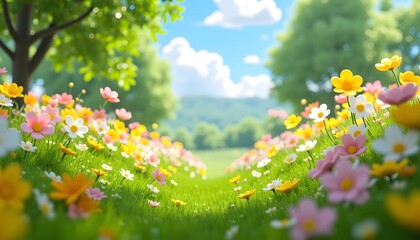 Obraz premium Vibrant Spring Meadow: A Path of Colorful Blossoms