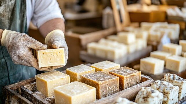 Artisan soap maker arranging handcrafted bars in a vibrant market stall with natural lighting