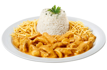 prato com strogonoff acompanhado de arroz branco e batata palha isolado em fundo transparente