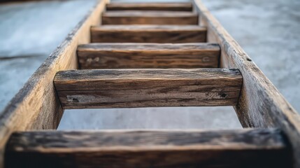 A wooden ladder positioned upright, showcasing its steps and structure.