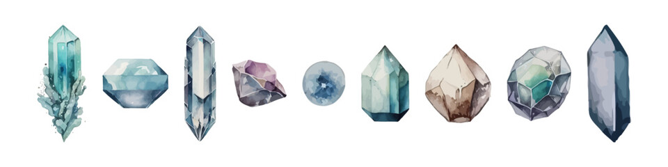Watercolor minerals and crystals set. Magic rock illustration.