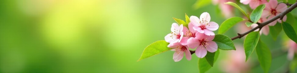 Fototapeta premium Light green foliage with clusters of pink cherry blossoms, leaves, nature, light green