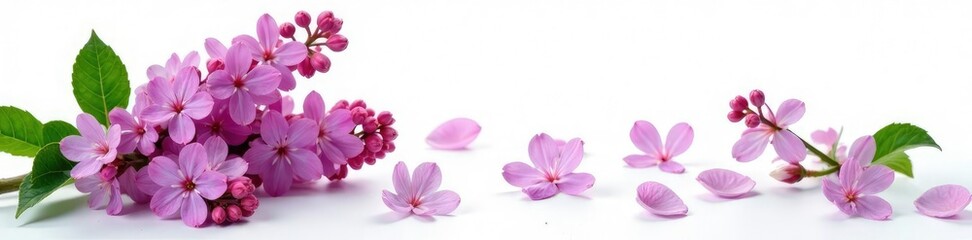 Obraz premium Lilac flowers isolated on white background with some green leaves, fresh, petals