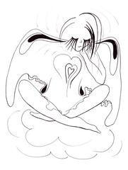 Silhouette of young girl with butterfly wings. Isolated black and white flat drawing. Funny cartoon stylized sketch. Outline of cute fairy meditating in lotus position. Fairytale linear illustration.