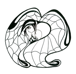 Silhouette of young girl with butterfly wings. Isolated black and white travel drawing. Funny cartoon stylized sketch of camping. Outline of cute fairy meditating over a fire. Fairytale slow life.