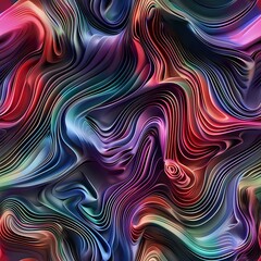 Vibrant multicolored wavy lines create dynamic fluid pattern with swirling motion effect in dark background. Seamless abstract design for modern digital art and textile prints.