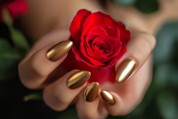 Gold manicured hands holding red rose close-up