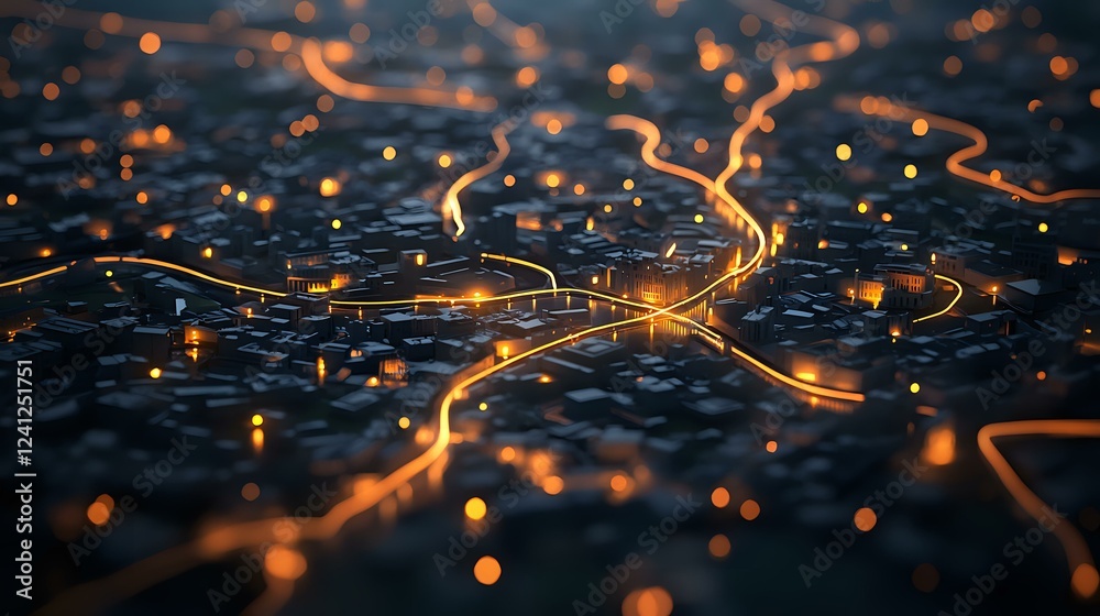 Poster glowing orange light trails and particles flow across dark textured surface creating futuristic netw